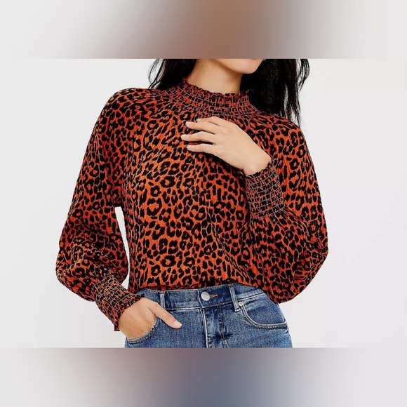 LOFT Leopard Print Smocked Mock Neck Long Sleeve Blouse Size LP NWOT - Picture 4 of 13